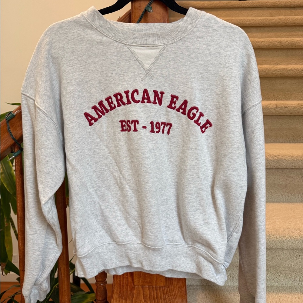 American Eagle Outfitters Gray Crew Neck Sweater with Red Logo